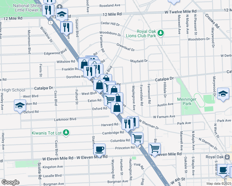 map of restaurants, bars, coffee shops, grocery stores, and more near 1803 West Farnum Avenue in Royal Oak