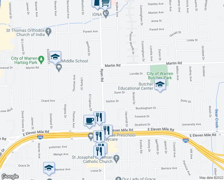 map of restaurants, bars, coffee shops, grocery stores, and more near 4063 Dunn Drive in Warren