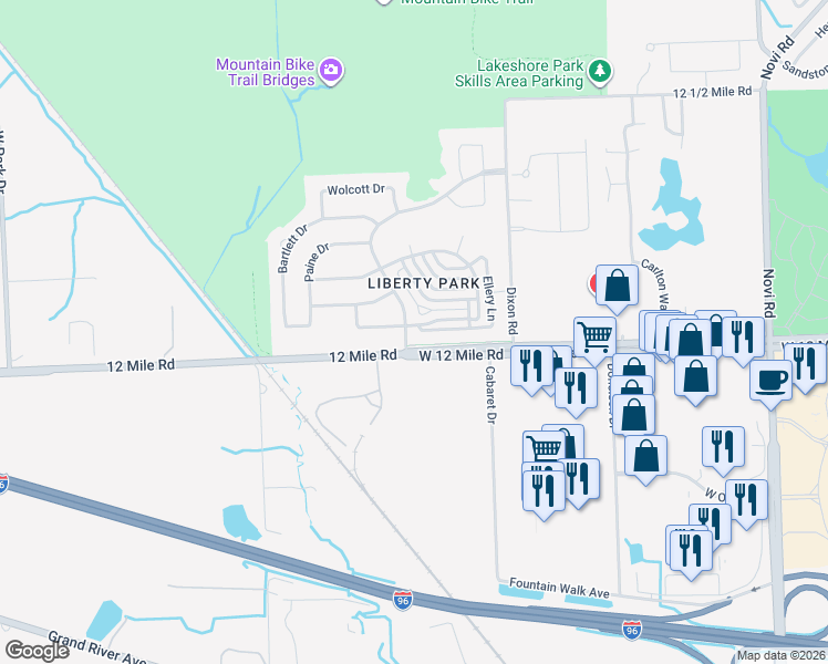 map of restaurants, bars, coffee shops, grocery stores, and more near 27922 Declaration Drive in Novi