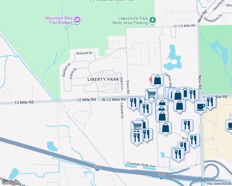 map of restaurants, bars, coffee shops, grocery stores, and more near 27887 Hopkins Drive in Novi