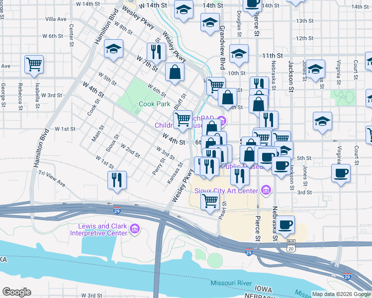 map of restaurants, bars, coffee shops, grocery stores, and more near 111 West 4th Street in Sioux City