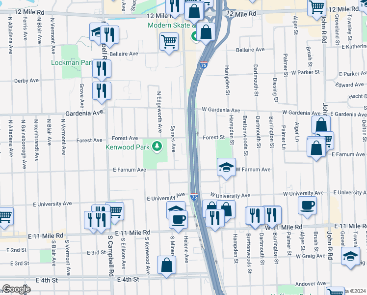 map of restaurants, bars, coffee shops, grocery stores, and more near 735 North Stephenson Highway in Royal Oak