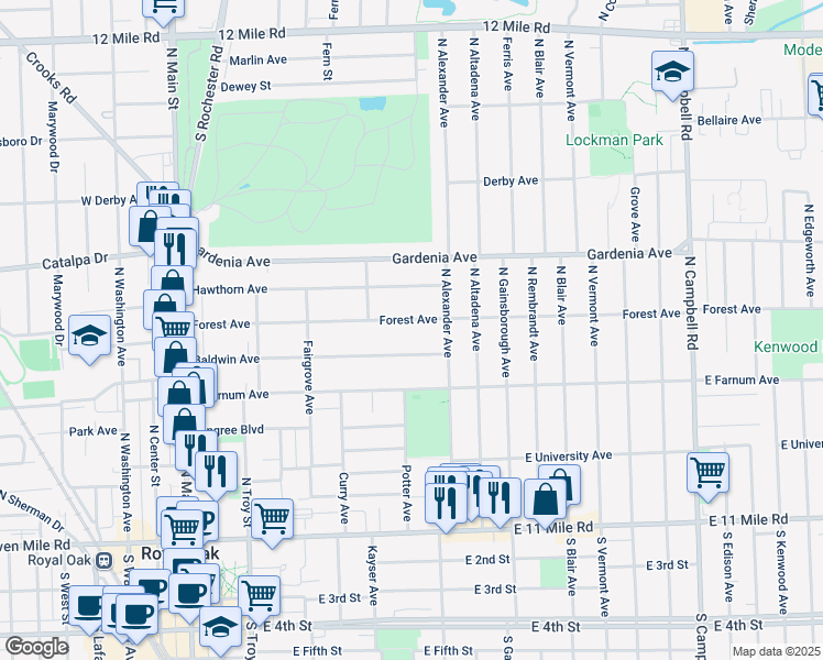map of restaurants, bars, coffee shops, grocery stores, and more near 731 Forest Avenue in Royal Oak