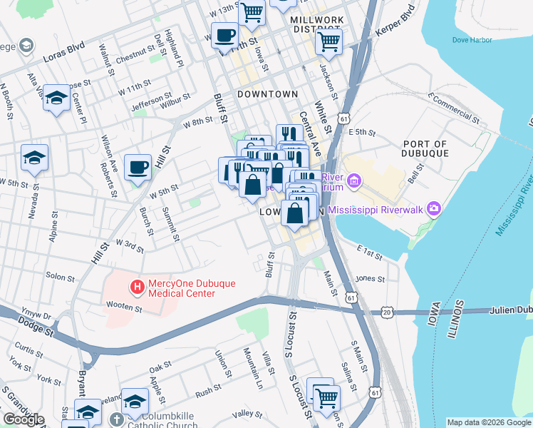 map of restaurants, bars, coffee shops, grocery stores, and more near 201-299 West 3rd Street in Dubuque
