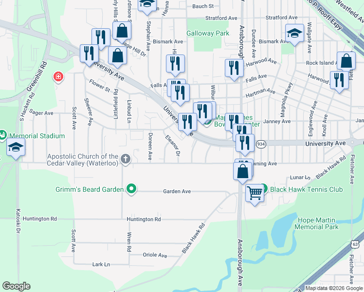 map of restaurants, bars, coffee shops, grocery stores, and more near 2733 University Ave in Waterloo