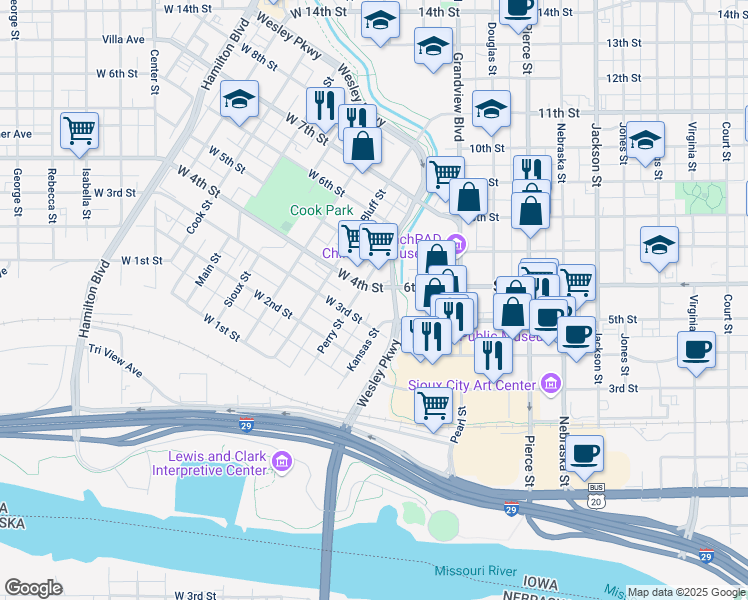 map of restaurants, bars, coffee shops, grocery stores, and more near 111 West 4th Street in Sioux City