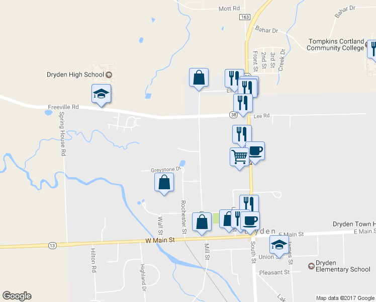 map of restaurants, bars, coffee shops, grocery stores, and more near 13 Brookside Street in Dryden