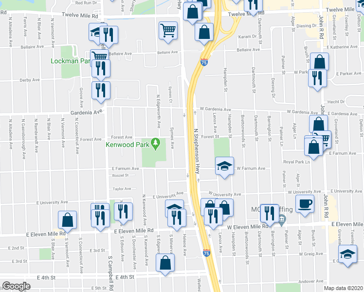 map of restaurants, bars, coffee shops, grocery stores, and more near 721 North Stephenson Highway in Royal Oak