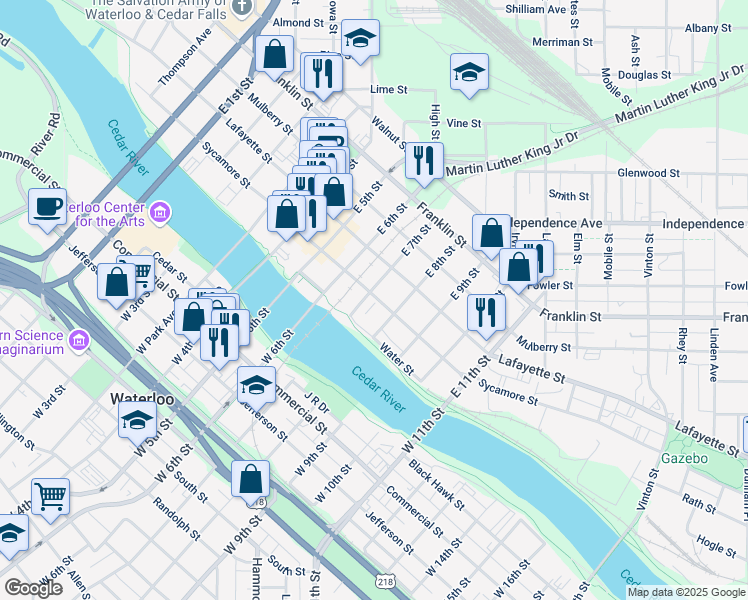 map of restaurants, bars, coffee shops, grocery stores, and more near 920 Sycamore Street in Waterloo