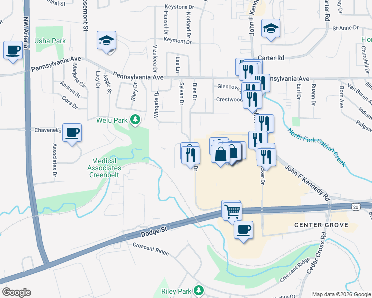 map of restaurants, bars, coffee shops, grocery stores, and more near 1247 Century Drive in Dubuque