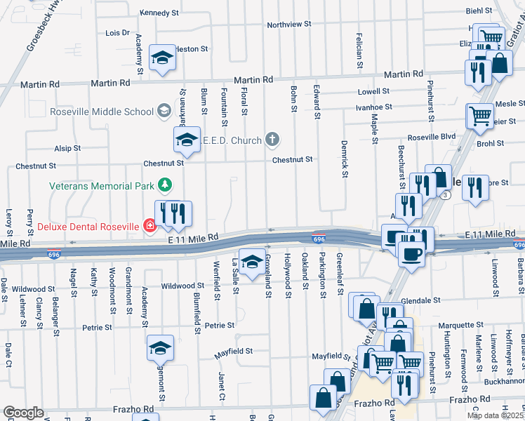 map of restaurants, bars, coffee shops, grocery stores, and more near 27256 Floral Street in Roseville