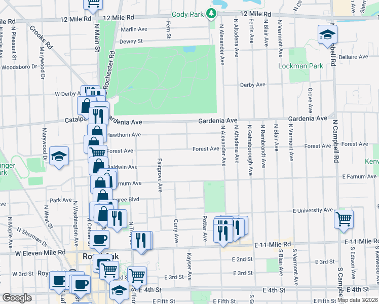 map of restaurants, bars, coffee shops, grocery stores, and more near 702 Forest Avenue in Royal Oak