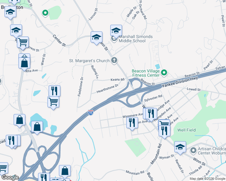 map of restaurants, bars, coffee shops, grocery stores, and more near 1 Hearthstone Drive in Burlington