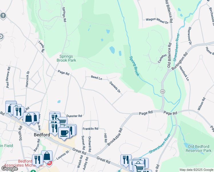 map of restaurants, bars, coffee shops, grocery stores, and more near 11 Reed Lane in Bedford
