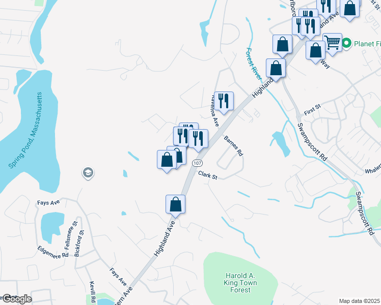 map of restaurants, bars, coffee shops, grocery stores, and more near 400 Highland Avenue in Salem