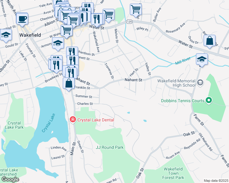 map of restaurants, bars, coffee shops, grocery stores, and more near 127 Nahant Street in Wakefield