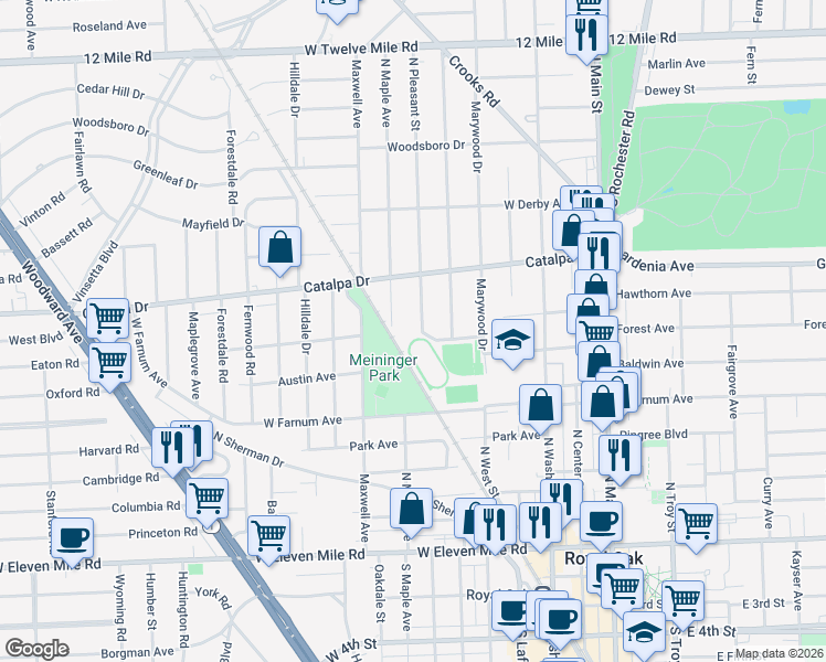 map of restaurants, bars, coffee shops, grocery stores, and more near 918 North Maple Avenue in Royal Oak