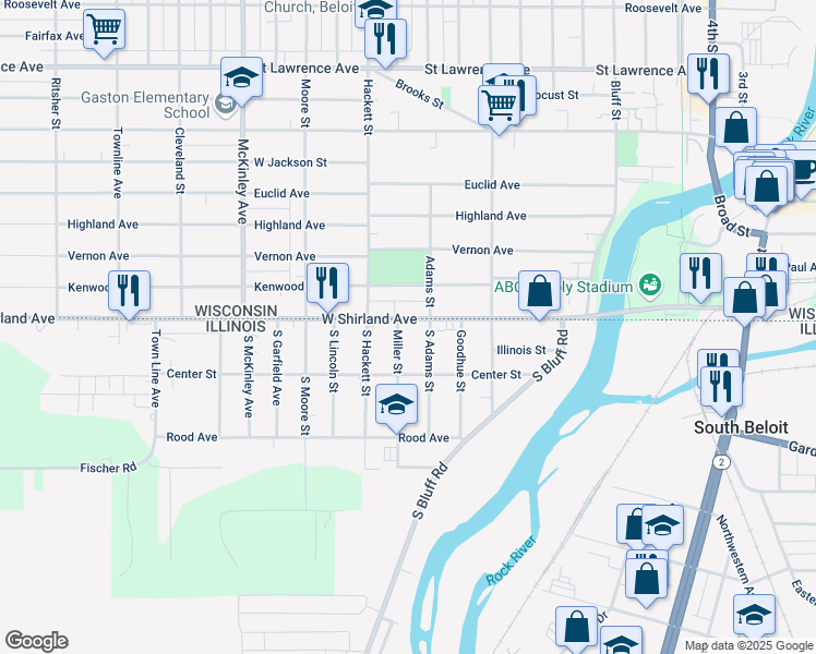map of restaurants, bars, coffee shops, grocery stores, and more near 933 Shirland Avenue in Beloit