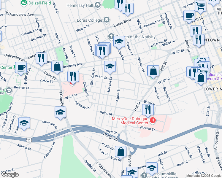 map of restaurants, bars, coffee shops, grocery stores, and more near 445 Nevada Street in Dubuque