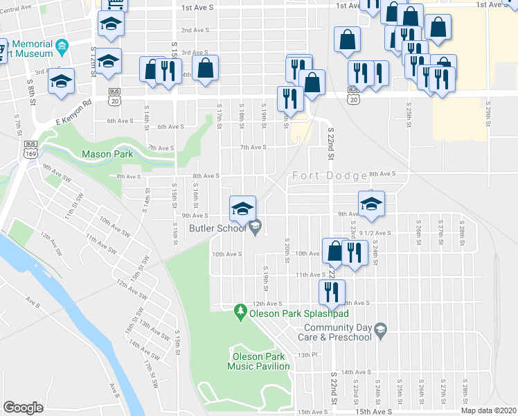 map of restaurants, bars, coffee shops, grocery stores, and more near 831 South 18th Street in Fort Dodge