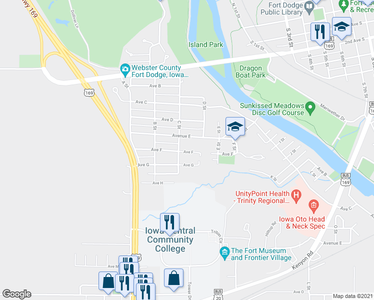 map of restaurants, bars, coffee shops, grocery stores, and more near 307 Avenue East in Fort Dodge