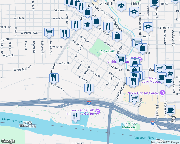 map of restaurants, bars, coffee shops, grocery stores, and more near 200 Sioux Street in Sioux City