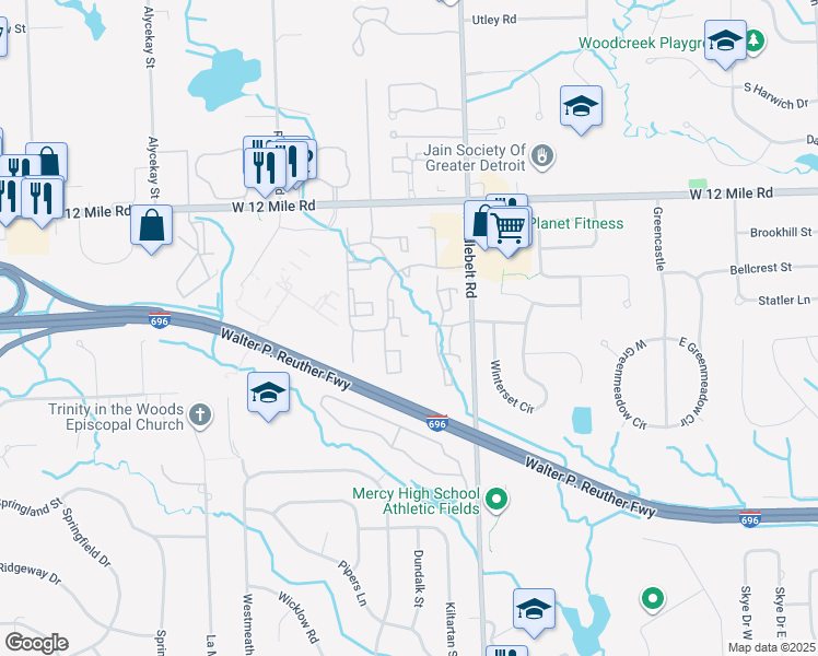 map of restaurants, bars, coffee shops, grocery stores, and more near 27160 Gateway Drive South in Farmington Hills