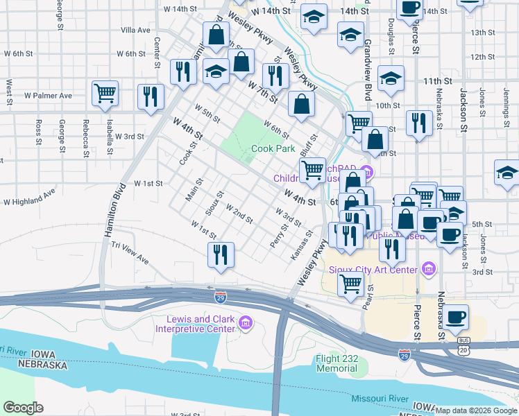 map of restaurants, bars, coffee shops, grocery stores, and more near 225 Bluff Street in Sioux City