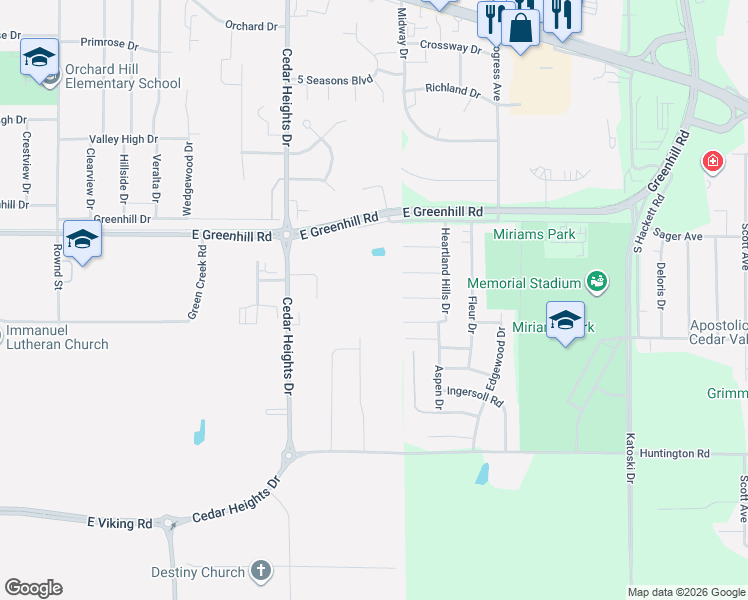 map of restaurants, bars, coffee shops, grocery stores, and more near 4054 Jill Drive in Waterloo