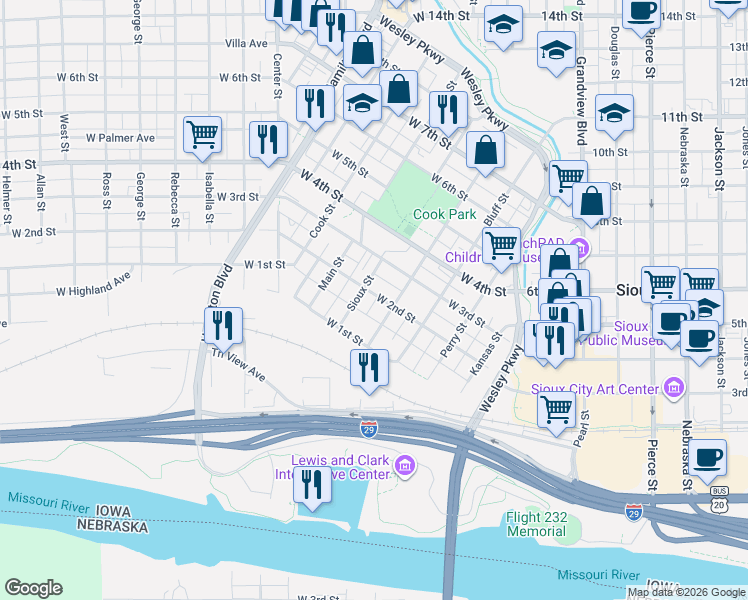 map of restaurants, bars, coffee shops, grocery stores, and more near 200 Sioux Street in Sioux City