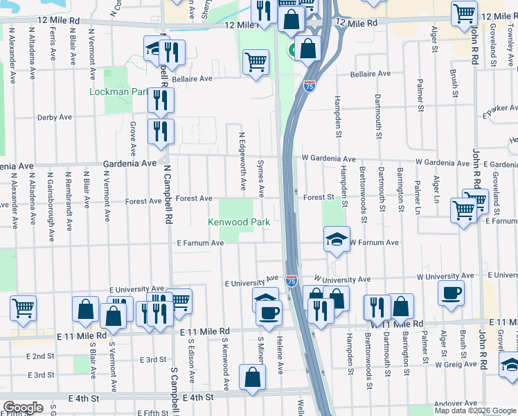 map of restaurants, bars, coffee shops, grocery stores, and more near 800 North Edgeworth Avenue in Royal Oak
