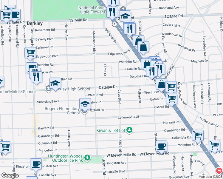 map of restaurants, bars, coffee shops, grocery stores, and more near 1542 Catalpa Drive in Berkley
