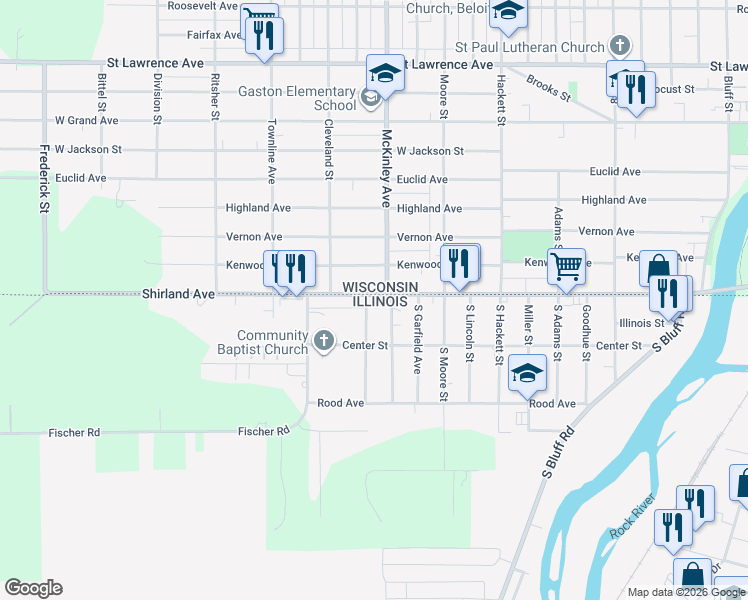 map of restaurants, bars, coffee shops, grocery stores, and more near 102 McKinley Avenue in Beloit