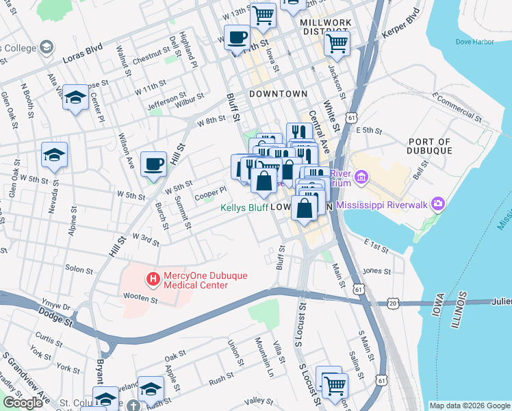 map of restaurants, bars, coffee shops, grocery stores, and more near in Dubuque