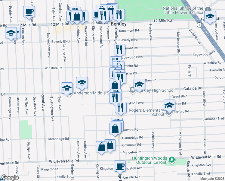 map of restaurants, bars, coffee shops, grocery stores, and more near 2665 Coolidge Highway in Berkley
