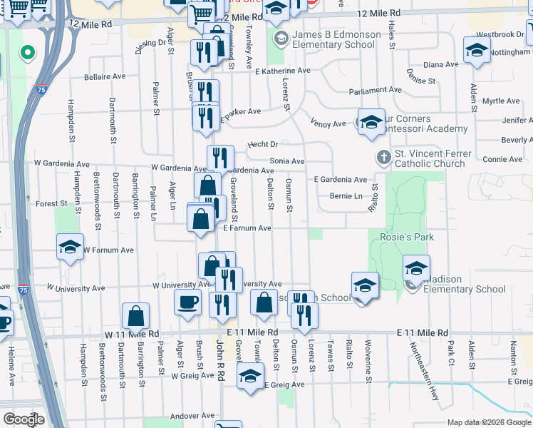 map of restaurants, bars, coffee shops, grocery stores, and more near 27774 Townley Street in Madison Heights