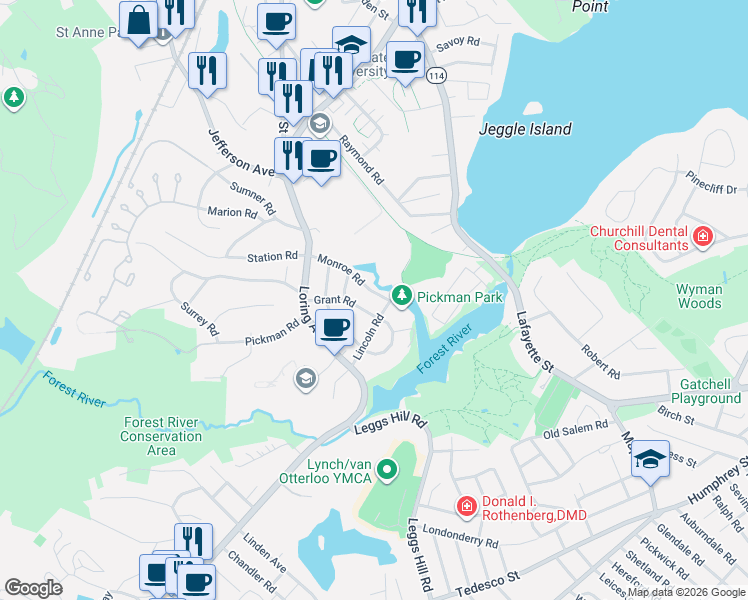 map of restaurants, bars, coffee shops, grocery stores, and more near 20 Lincoln Road in Salem