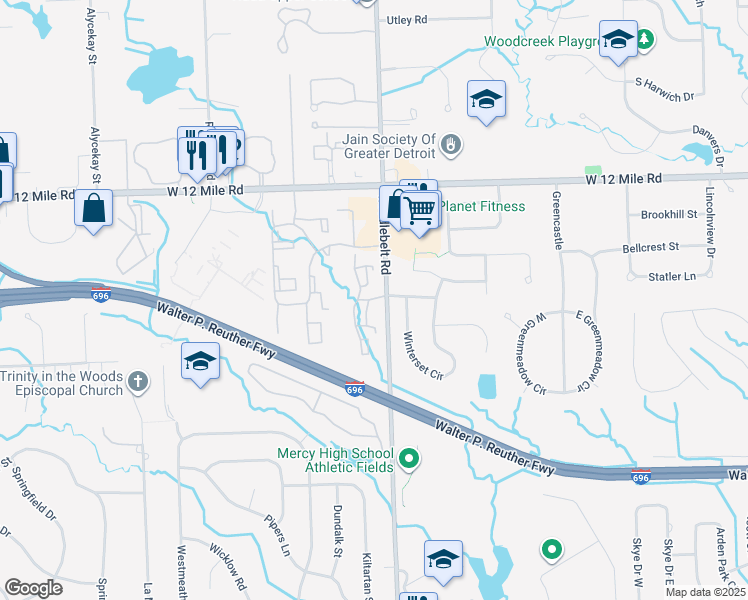 map of restaurants, bars, coffee shops, grocery stores, and more near 27362 Strawberry Lane in Farmington Hills