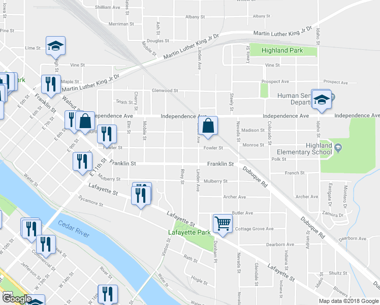 map of restaurants, bars, coffee shops, grocery stores, and more near 709 Fowler Street in Waterloo