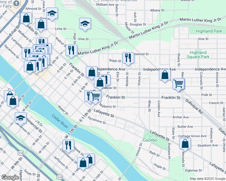 map of restaurants, bars, coffee shops, grocery stores, and more near in Waterloo