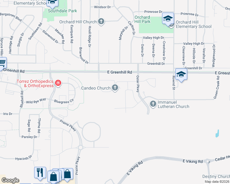 map of restaurants, bars, coffee shops, grocery stores, and more near 1405 Greenhill Road in Cedar Falls