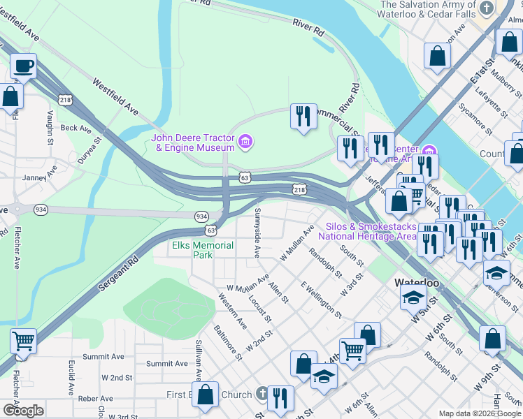 map of restaurants, bars, coffee shops, grocery stores, and more near 213-315 University Ave in Waterloo