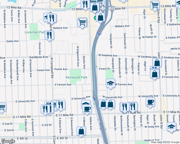 map of restaurants, bars, coffee shops, grocery stores, and more near 735 North Stephenson Highway in Royal Oak