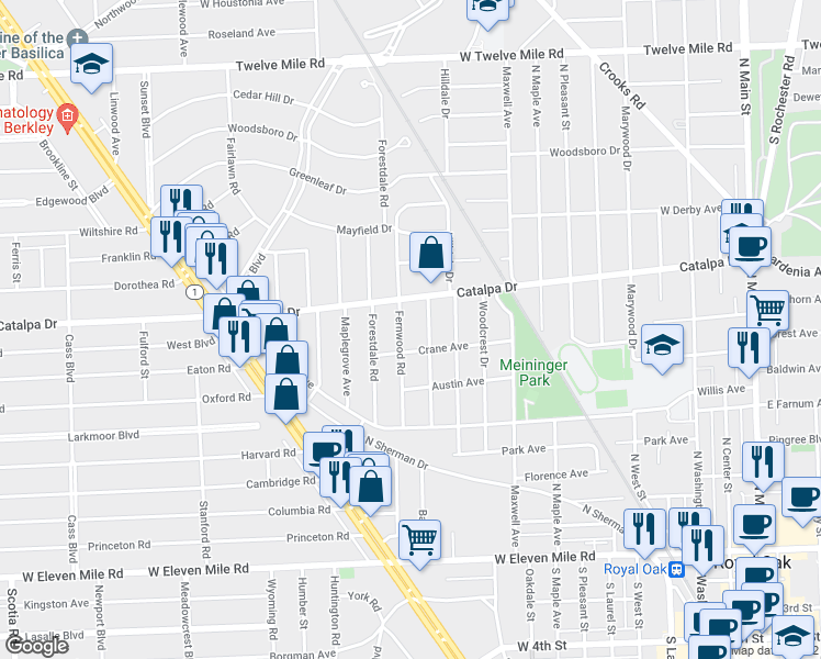 map of restaurants, bars, coffee shops, grocery stores, and more near 920 Fernwood Road in Royal Oak