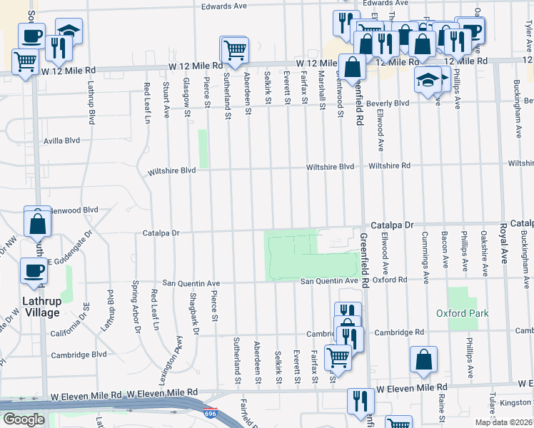 map of restaurants, bars, coffee shops, grocery stores, and more near 28050 Selkirk Street in Southfield