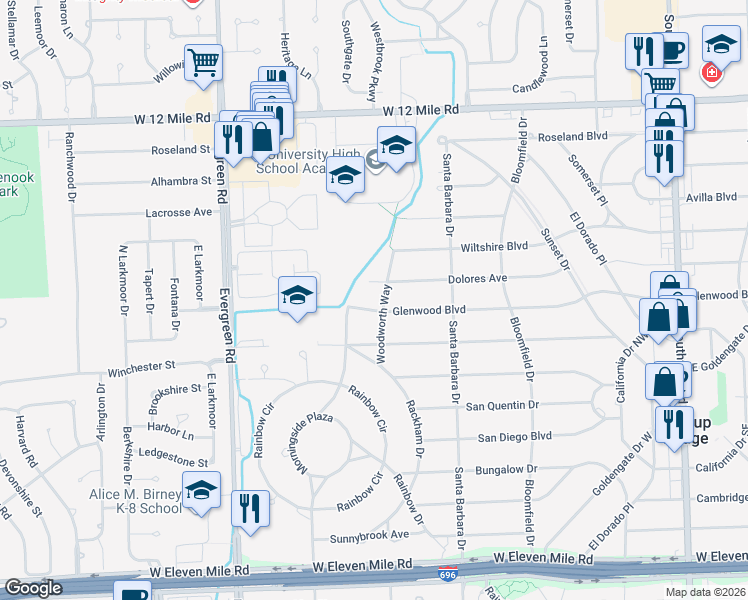 map of restaurants, bars, coffee shops, grocery stores, and more near 28266 Woodworth Way in Lathrup Village