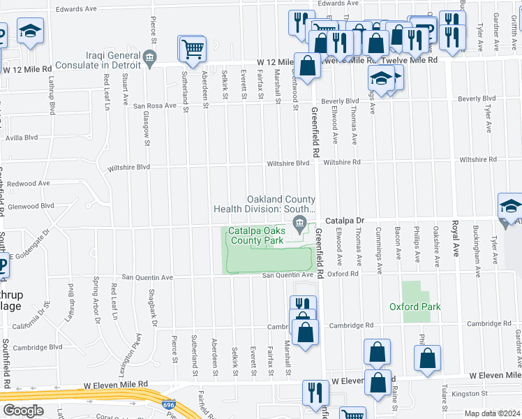map of restaurants, bars, coffee shops, grocery stores, and more near 28035 Fairfax Street in Southfield