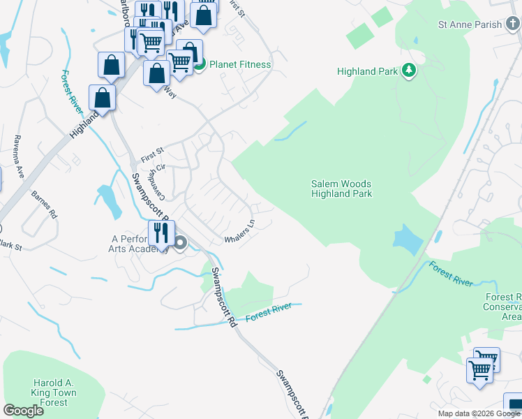 map of restaurants, bars, coffee shops, grocery stores, and more near 20 Orient Way in Salem