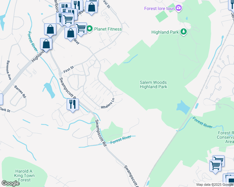 map of restaurants, bars, coffee shops, grocery stores, and more near 51 Whalers Lane in Salem