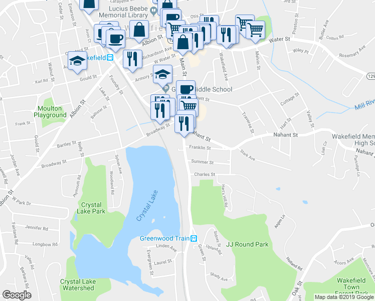 map of restaurants, bars, coffee shops, grocery stores, and more near 7 Franklin Street in Wakefield